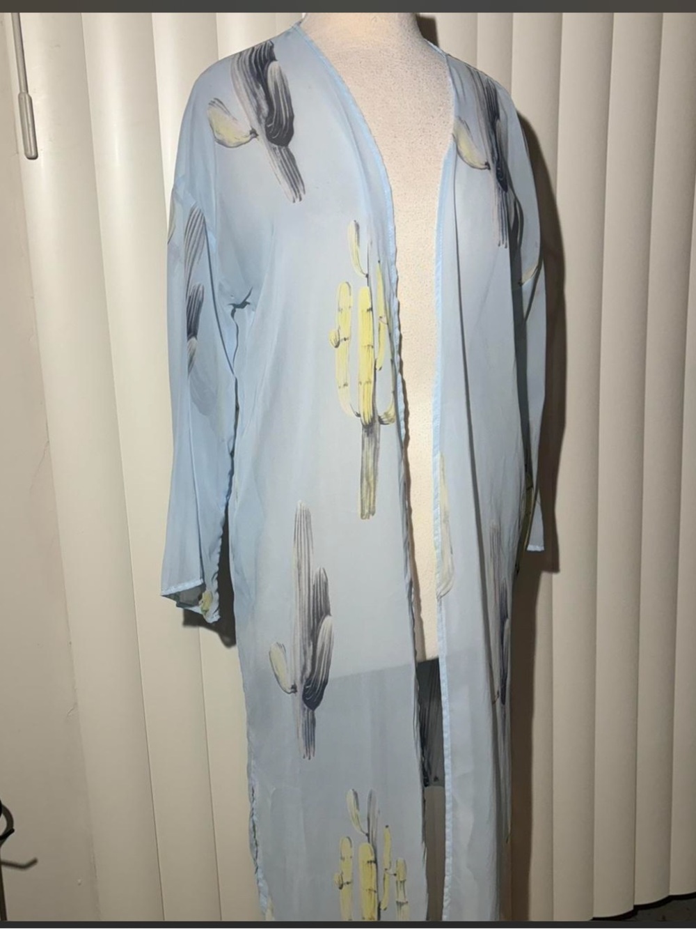 Light Blue Sheer Kimono Duster with Abstract Brushstroke Print